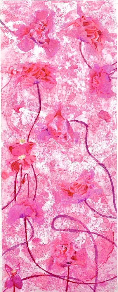 Vallmo på rosa spetsmönster, akvarellcollage 117 x 54 cm